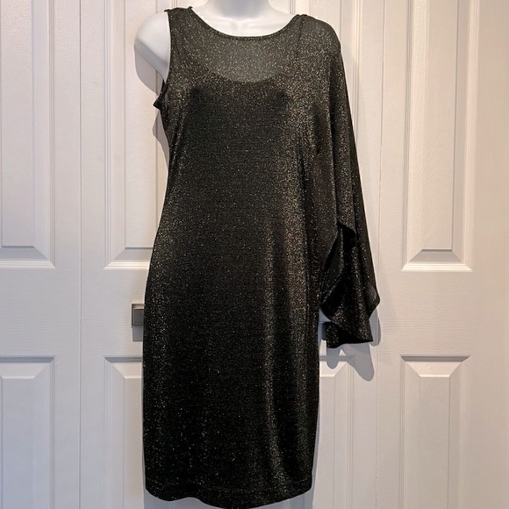 Ted Baker Monyca One Shoulder Draped Black/‎ Gold Metallic Dress Size 3 US 8